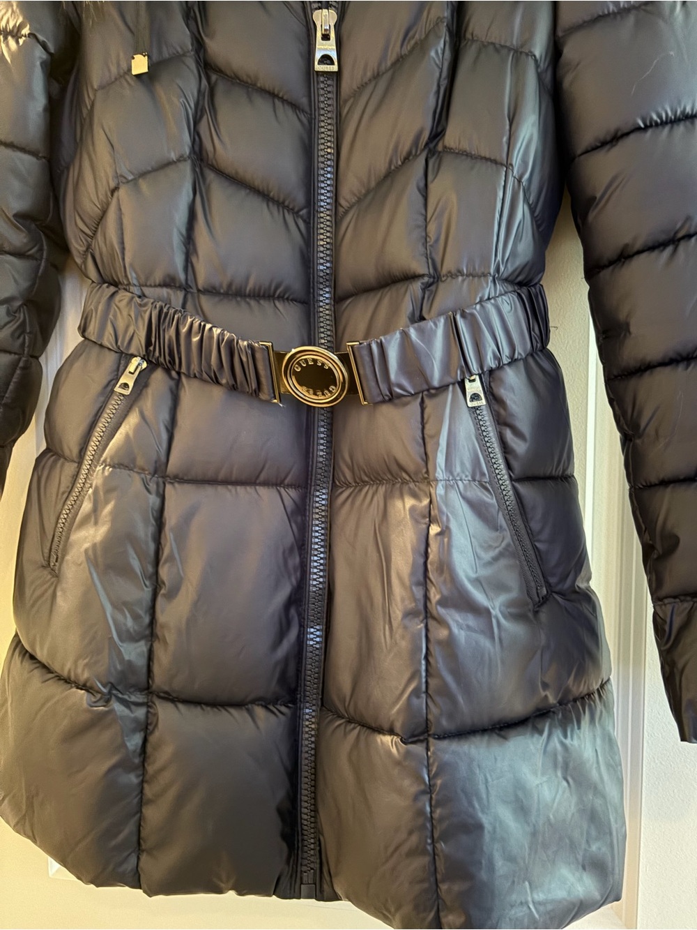 Guess navy Quilted Belted Puffer Coat with Buckle stretch belt